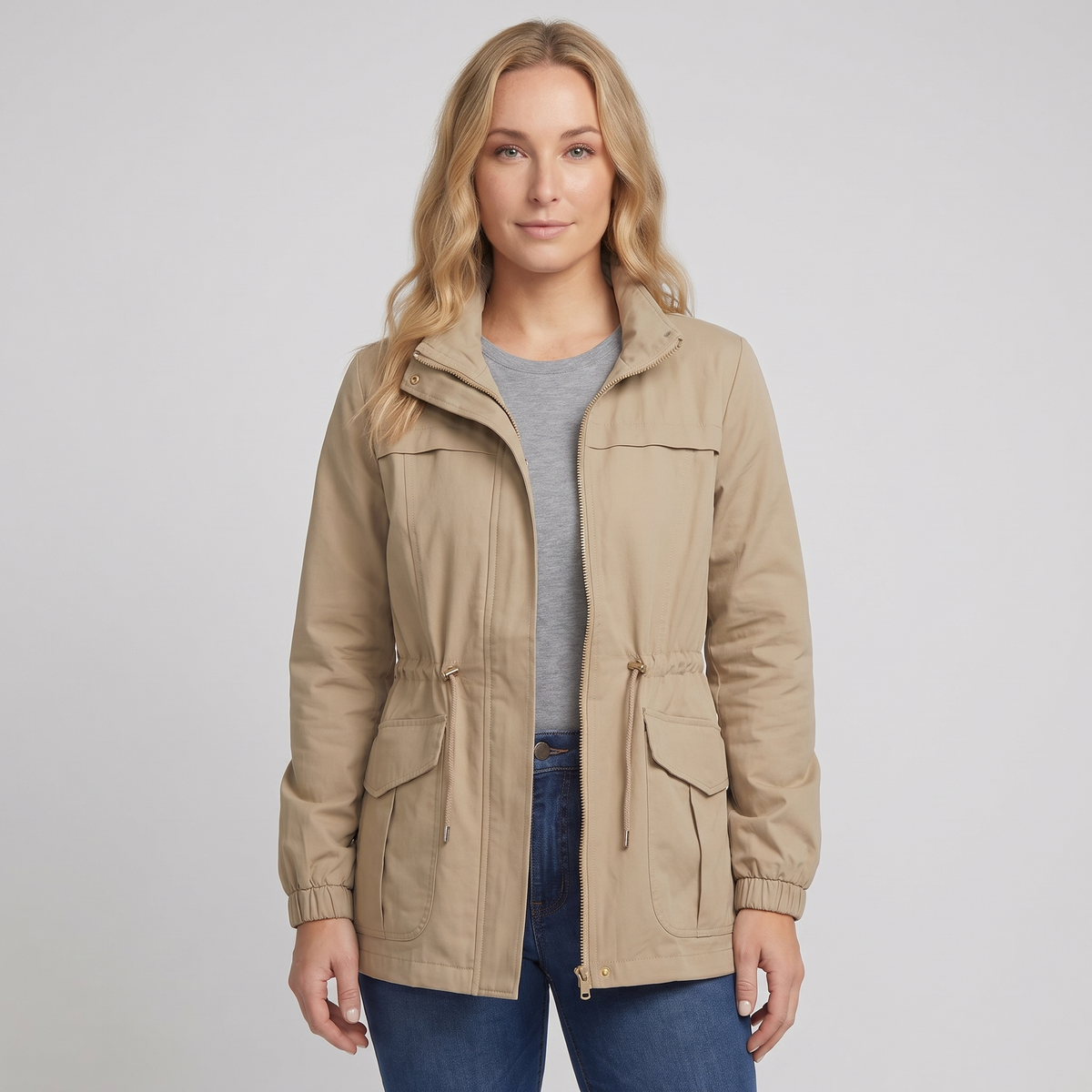 Anna Womens Utility Jacket with Drawstring Waist in Khaki