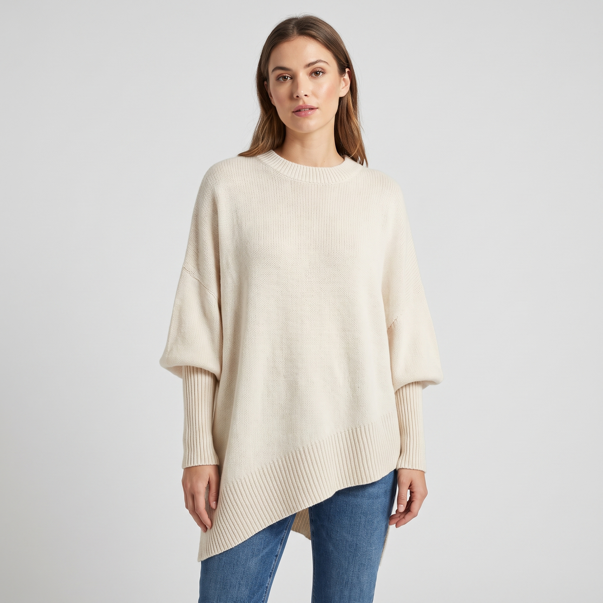 Lindsay Womens Oversized Knit Poncho Sweater with Batwing Sleeves in Beige