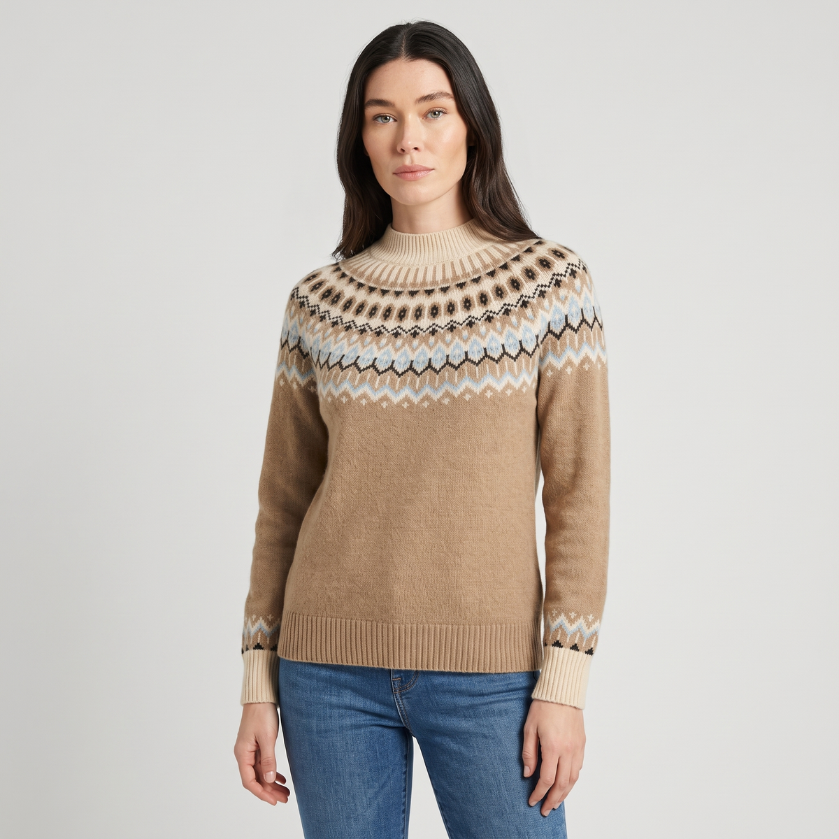 Carrie Womens Fair Isle Cashmere Sweater with Mock Neck