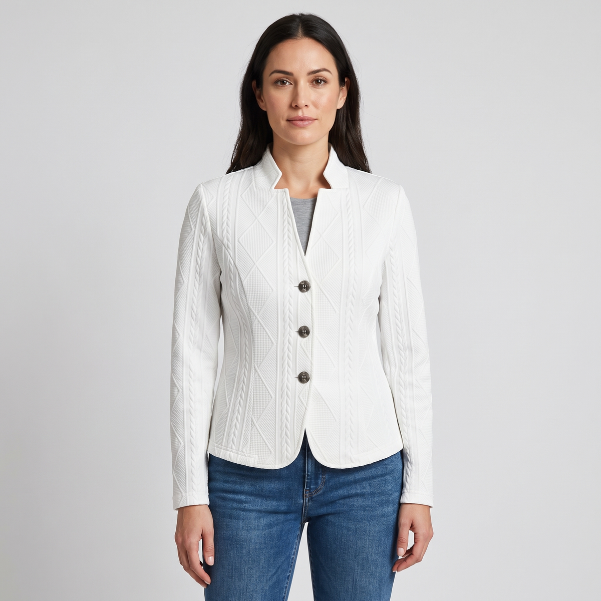 Maurelle Womens Textured Jacket with Stand Collar in White