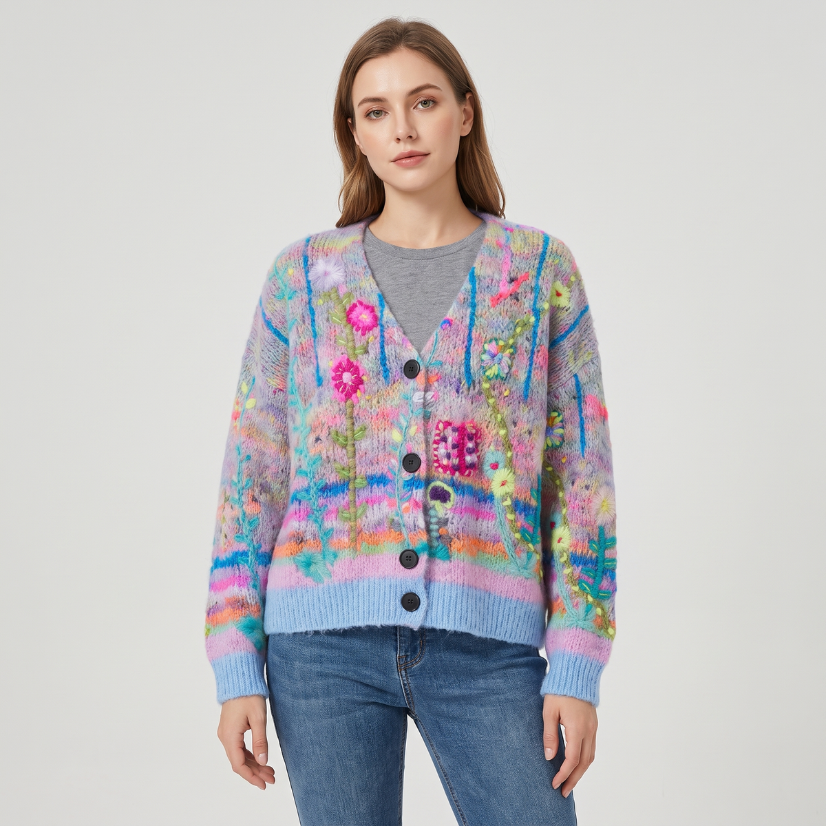 Hannah Womens Colorful Patterned Cardigan in Wool Blend