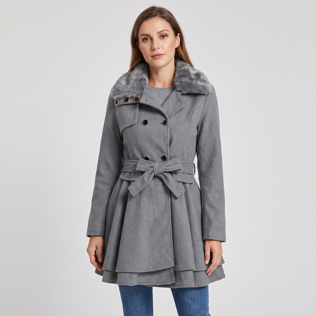 Claudia Womens Belted Trench Coat with Faux Fur Collar in Gray