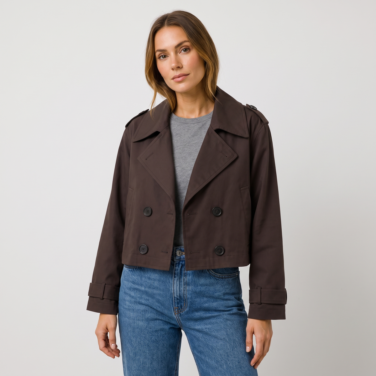 Megan Womens Cropped Trench Coat Jacket in Brown