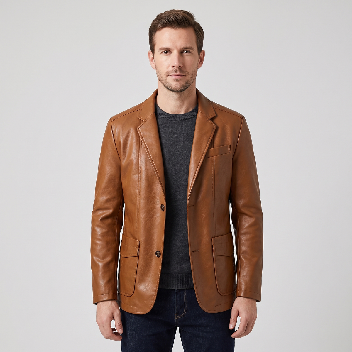 Sutton Mens Leather Blazer Jacket, Tailored Fit in Brown