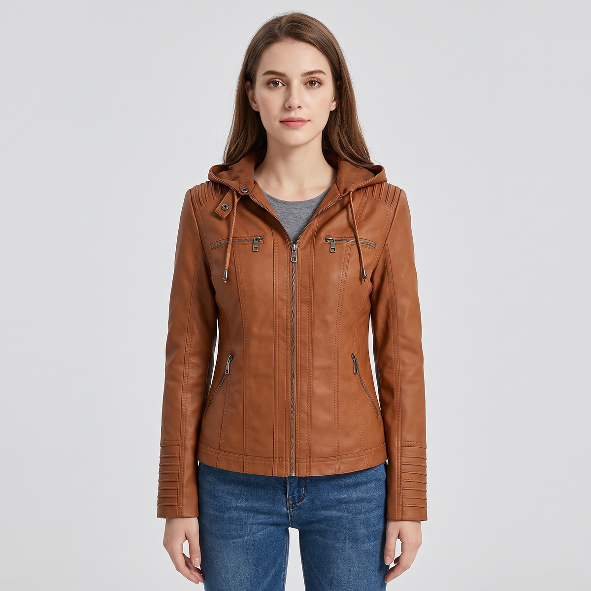 Leah Womens Faux Leather Biker Jacket with Removable Hood in Light Brown