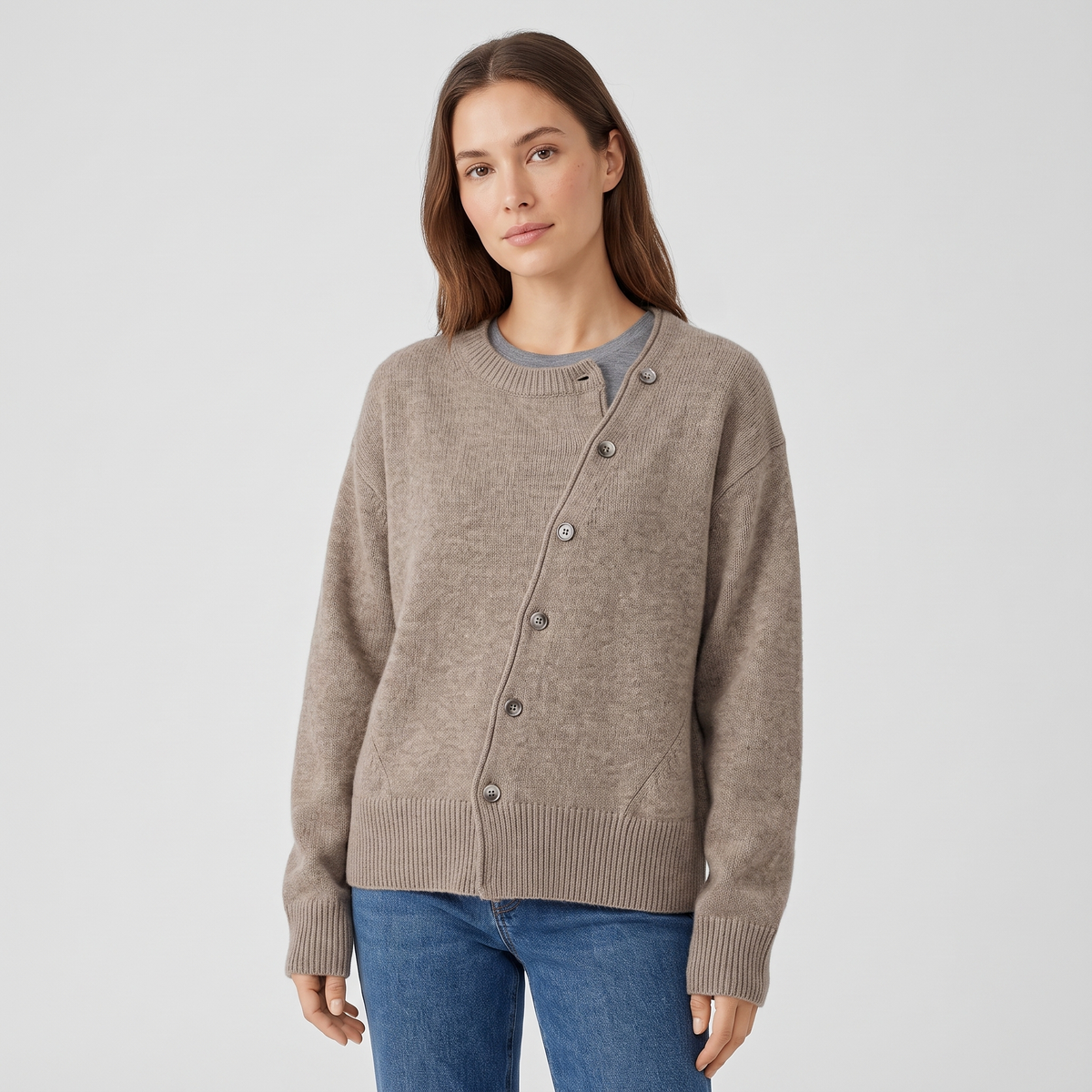 Serena Womens Cashmere Cardigan, Asymmetric Buttons in Brown