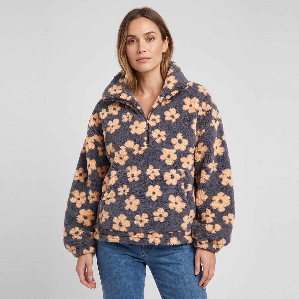 Erica Womens Floral Teddy Fleece Jacket with Half Zip in Yellow