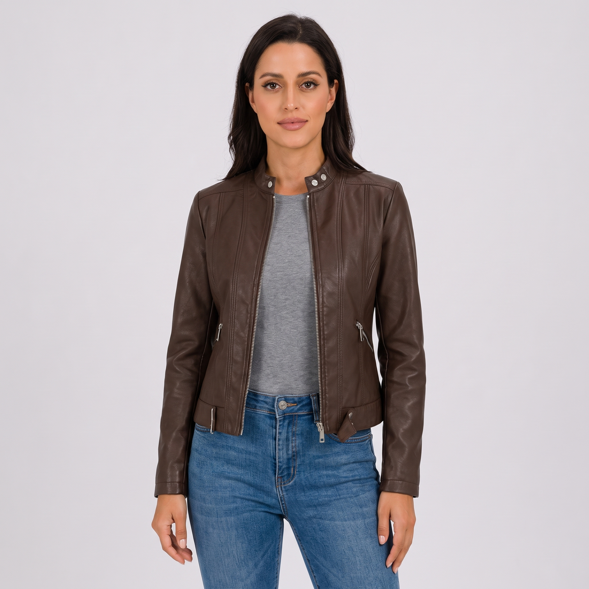 Kara Womens Faux Leather Jacket with Zip Pockets in Brown