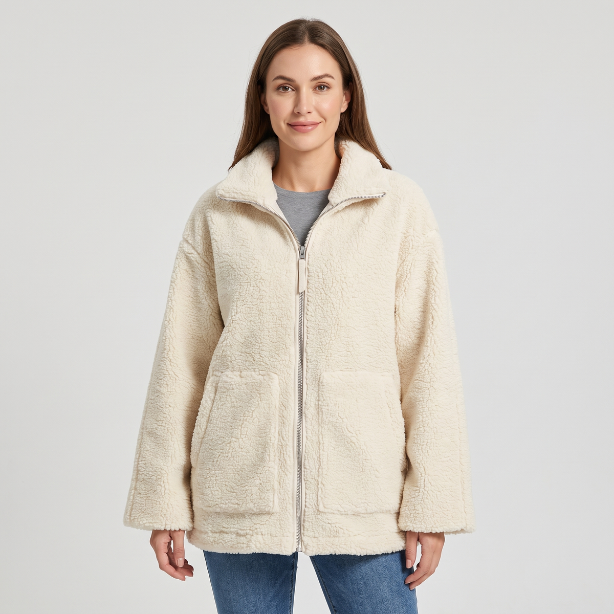 Misty Womens Teddy Zip-Up Jacket with High Neck in White