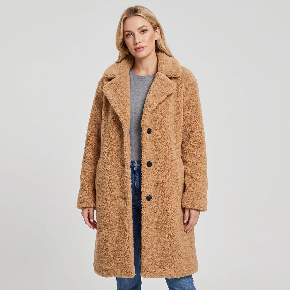 Doris Womens Oversized Teddy Long Coat in Beige