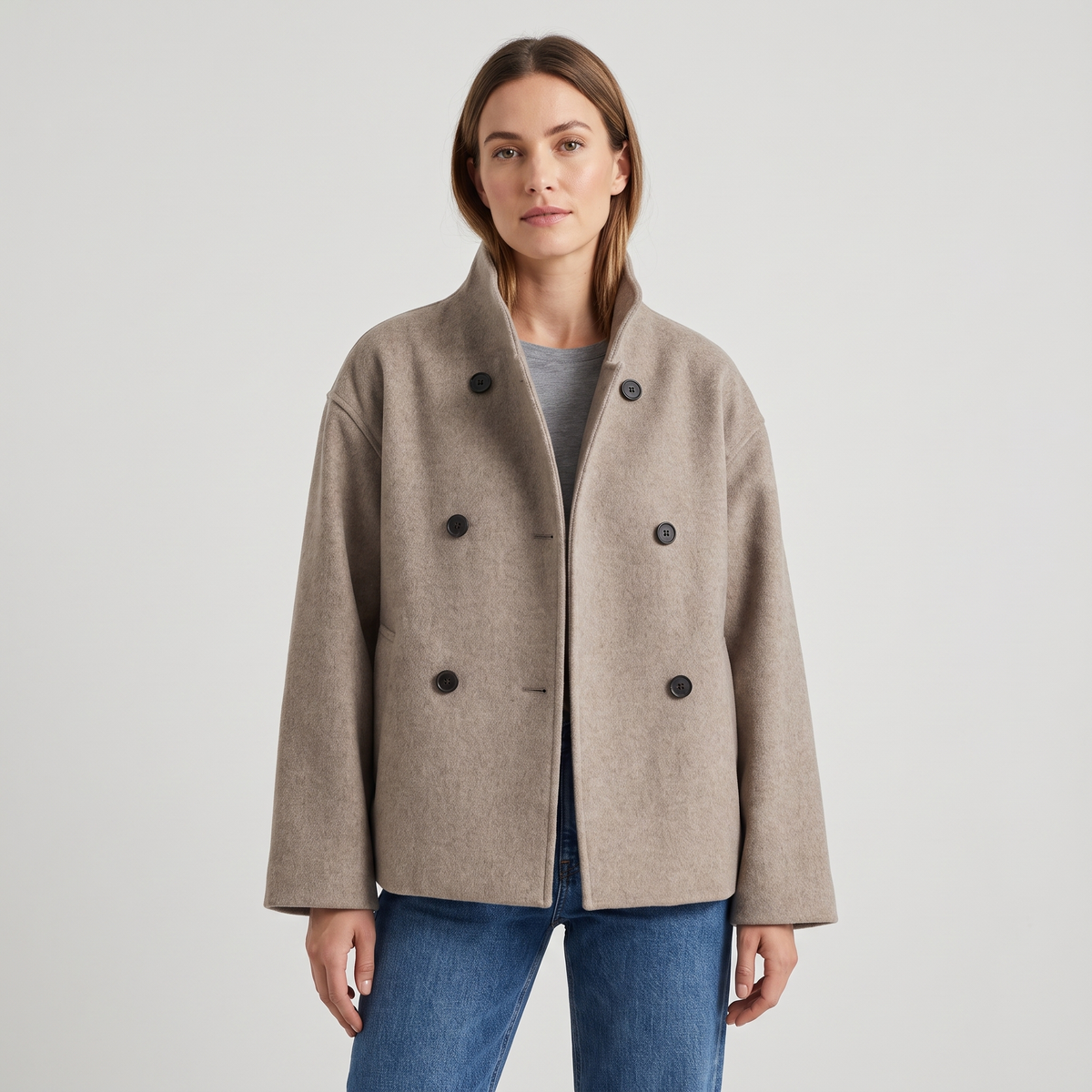 Charlene Womens Double Breasted Pea Coat with Stand Collar in Taupe