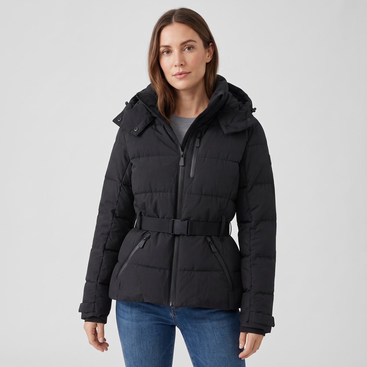 Alicia Womens Quilted Puffer Jacket with Belted Waist in Black
