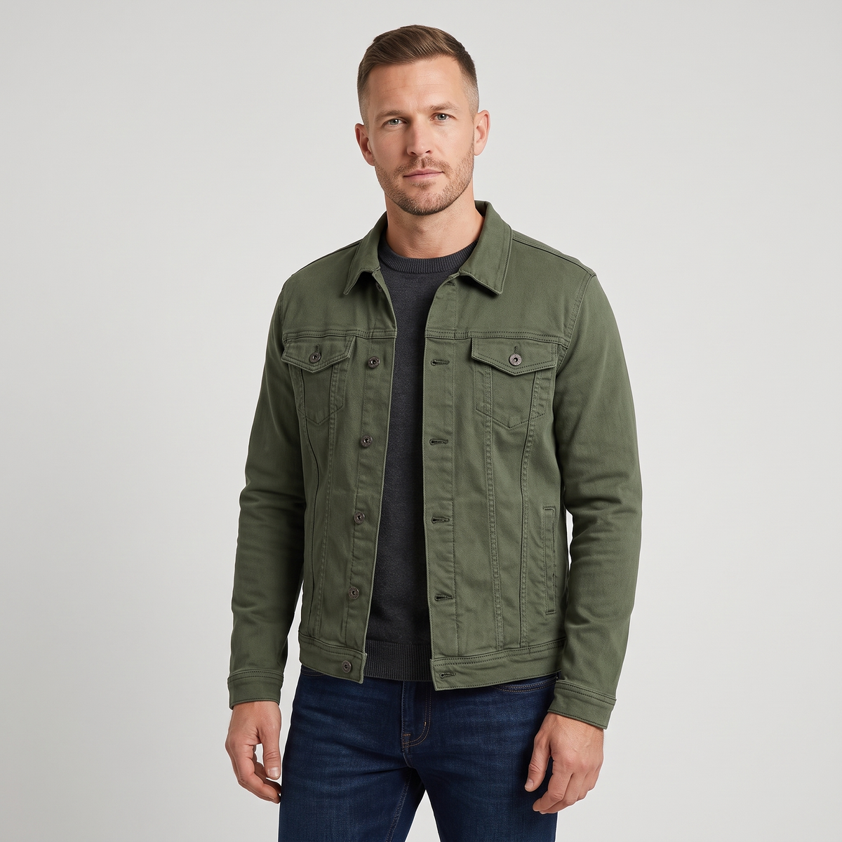 Troy Mens Casual Denim Jacket in Green