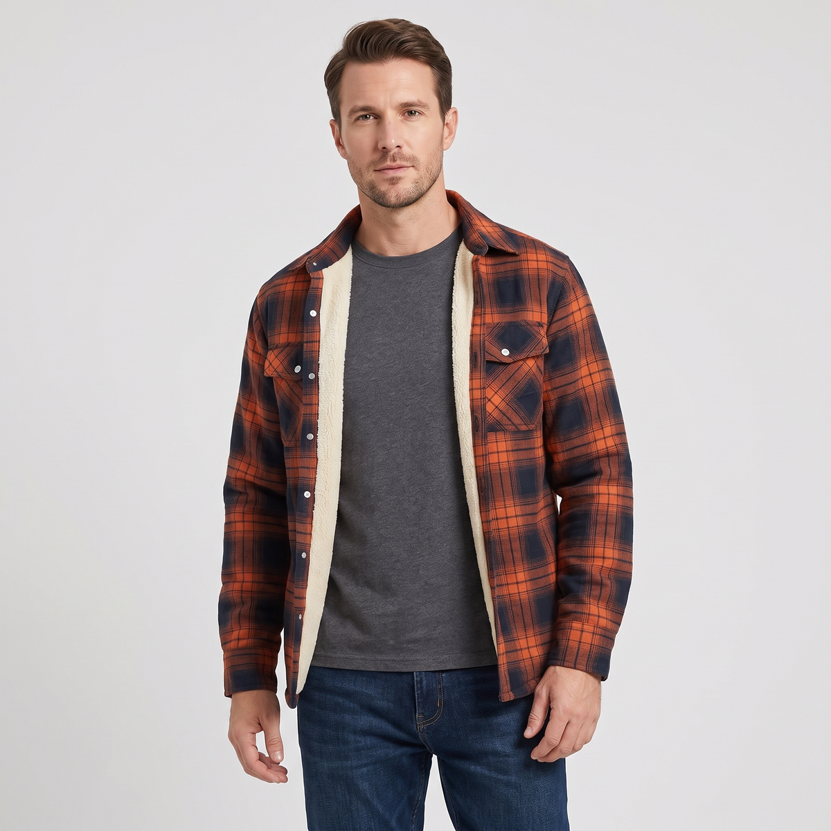 Derrick Mens Sherpa Lined Plaid Shirt Jacket in Orange