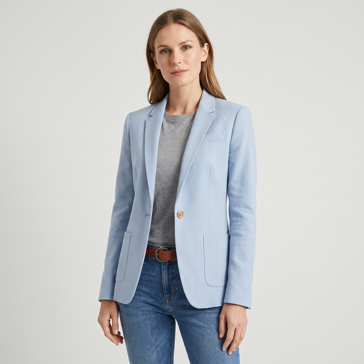Kelsey Womens Single Button Blazer with Notched Lapels in Light Blue