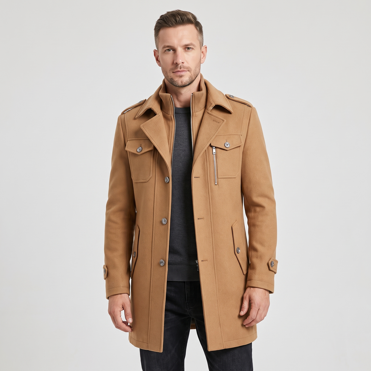 Marco Mens Virgin Wool Blend Coat in Cognac Brown