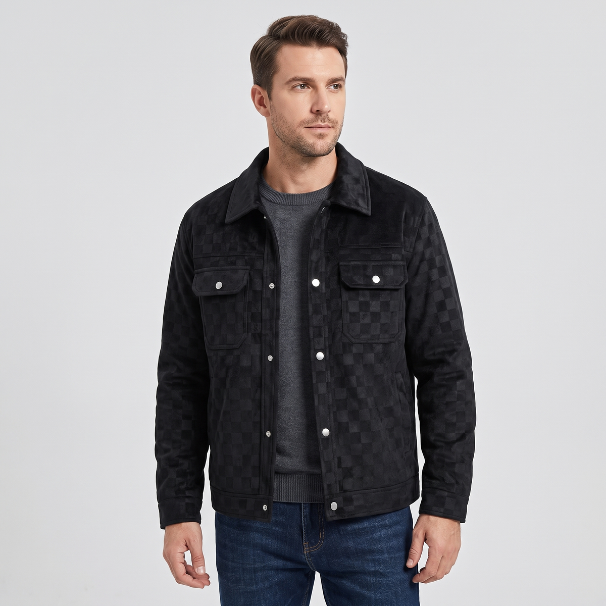 Mavrick Mens Checkered Suede Jacket with Satin Lining in Black