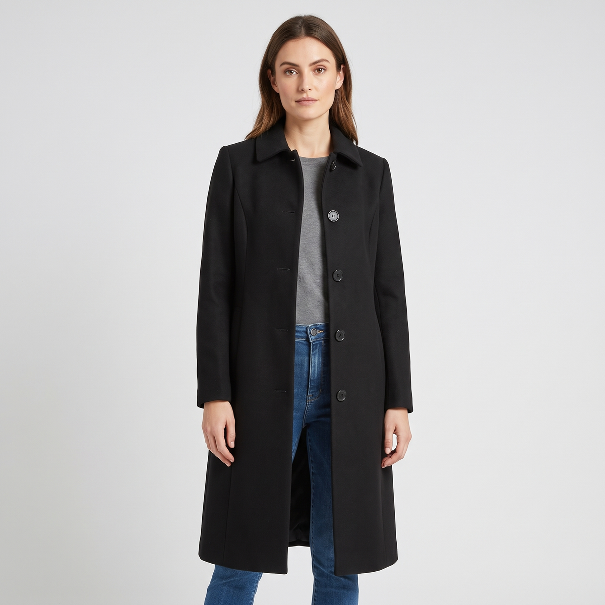 Tonya Womens Long Trench Coat, Single-Breasted in Black