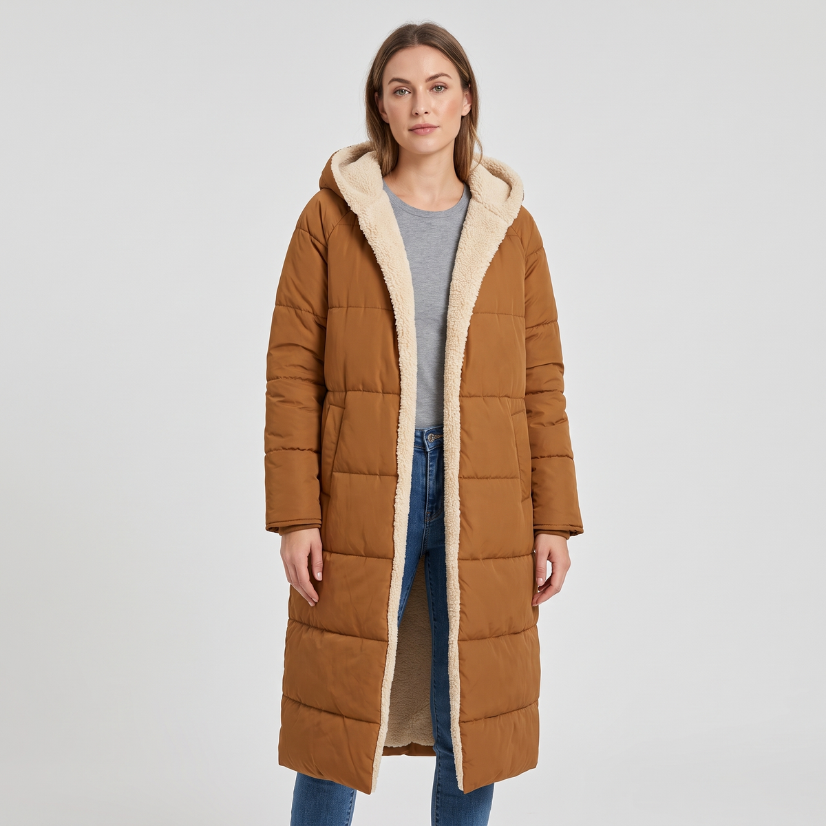 Angela Womens Longline Puffer Coat with Sherpa Lining in Brown