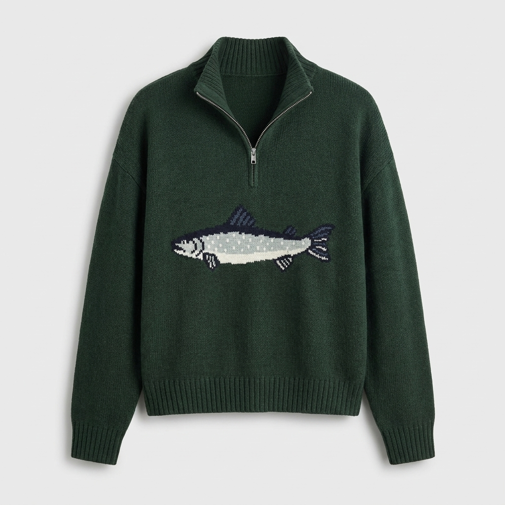 Hadley Womens Half-Zip Knit Sweater with Fish Pattern