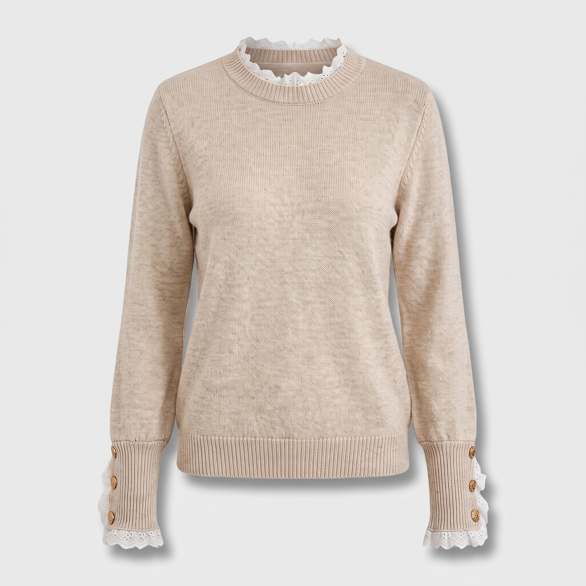 Women's Long-Sleeve Sweater, Delicate Lace Accents | Flattering Relaxed Drape, Refined Silhouette | Apricot | S–XL