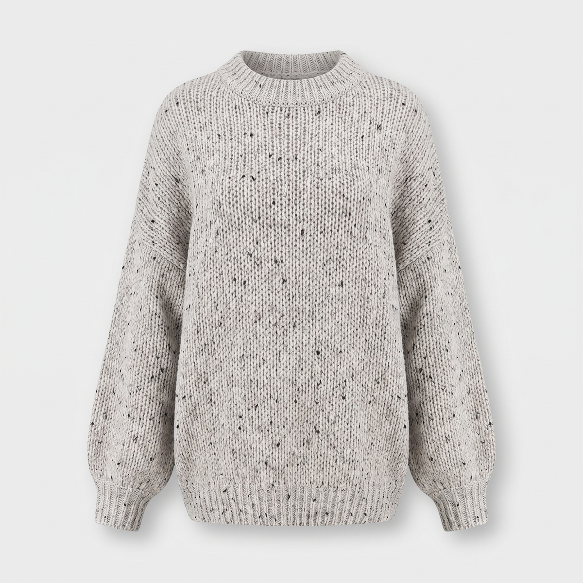 Women's Oversized Chunky Knit Sweater, Mock Neck | Balloon Sleeves, Speckled Open Weave | Beige, Gray or Blue | XS–3XL