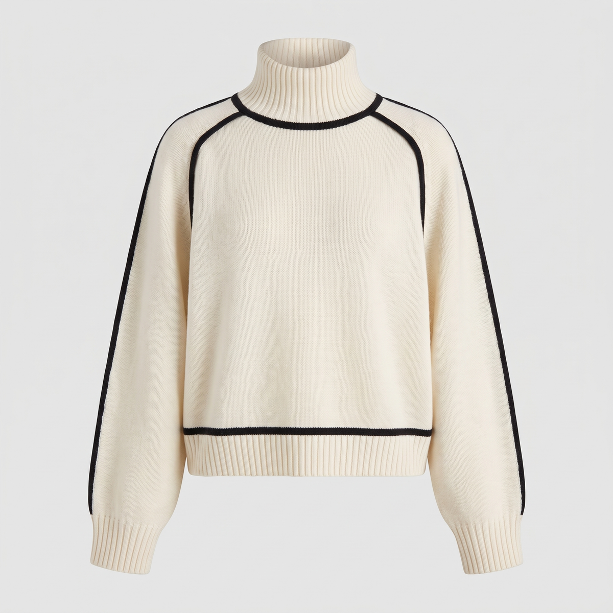 Thessaly | Women's Turtleneck Sweater with Contrast Piping — Oversized Cream Knit Pullover | Westmere