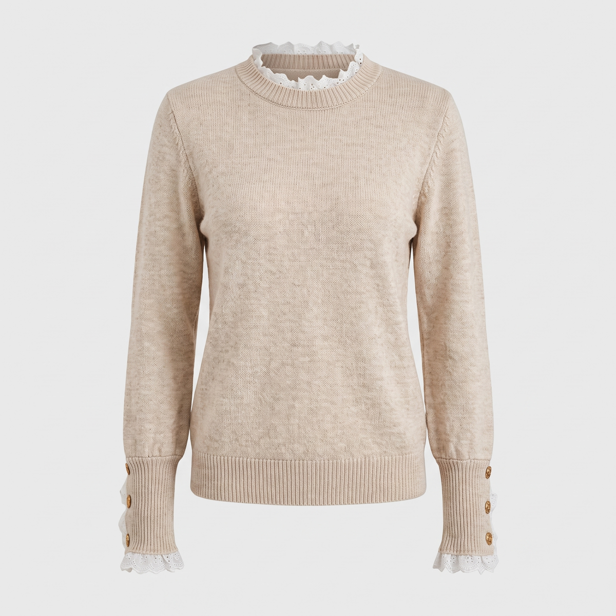 Odalys | Women's Lace Trim Knit Pullover Sweater — Apricot Crew Neck with Gold Button Cuffs | Westmere