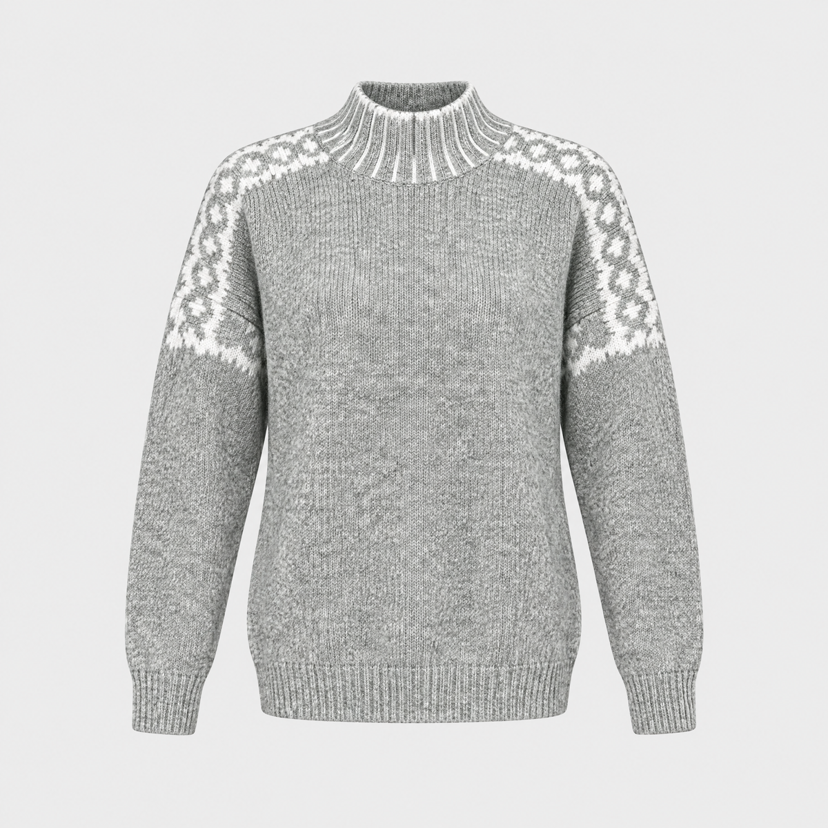 Tivona | Women's Mock Neck Knit Sweater — Nordic Shoulder Pattern Pullover in Gray | Westmere