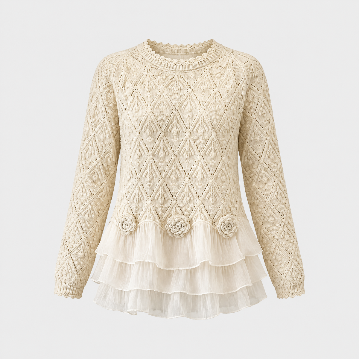 Soraya | Women's Cable Knit Ruffle Hem Sweater — Chiffon Tier with Rosette Trim Detail in Cream | Westmere