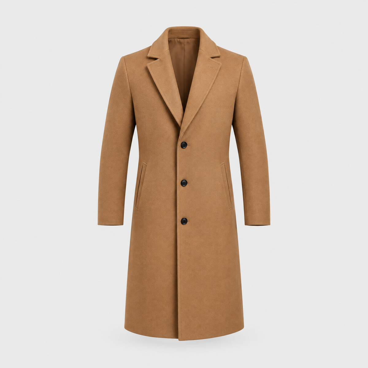 Men's Long Wool Coat, Single-Breasted | Lapel Collar, Side Pockets, Button Front | Khaki, Black, Gray or Blue | S–XXL