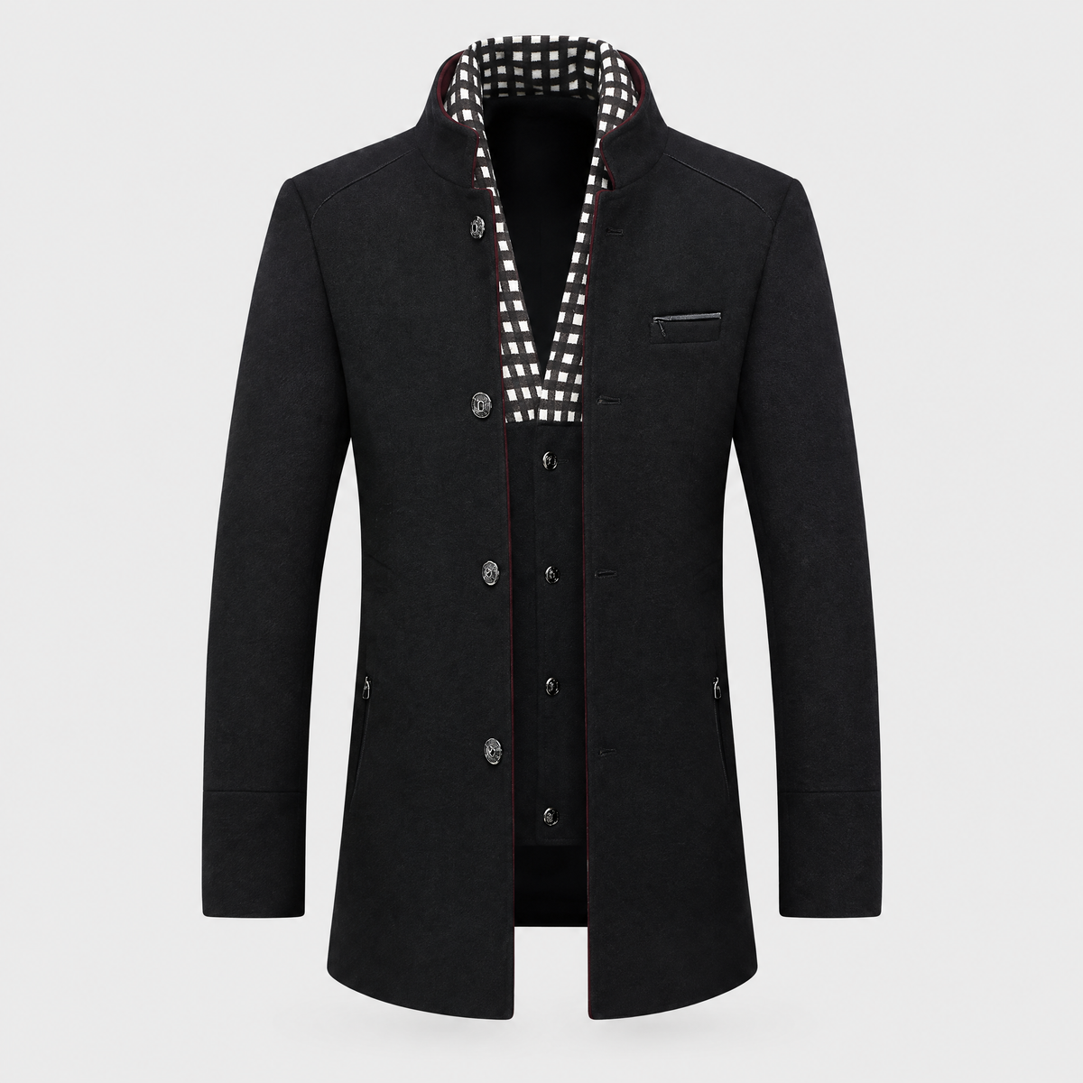 Men's Wool Blend Coat, Checkered Lining | Stand-Up Collar, Metallic Button Front | Black, Blue or Khaki | S–XXL
