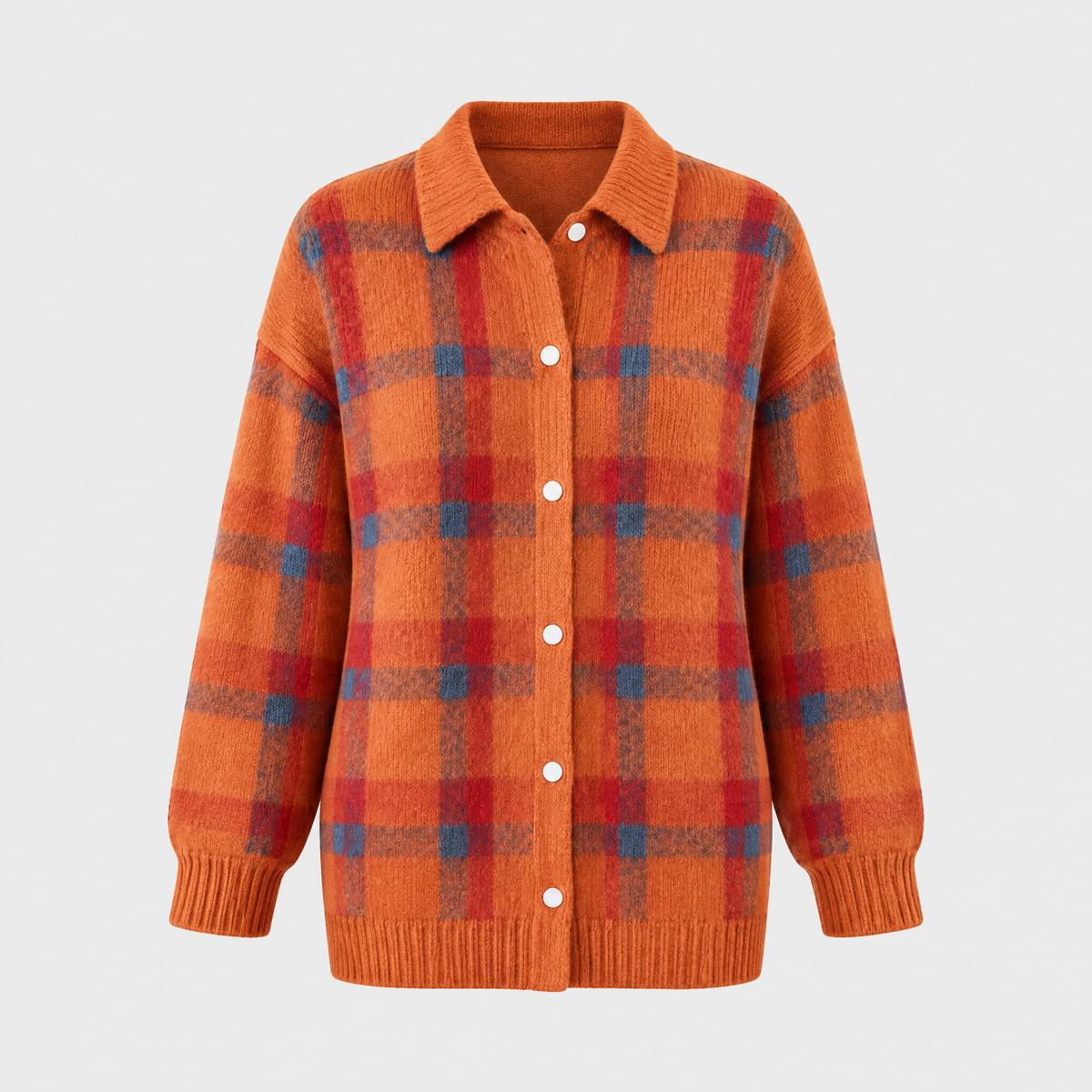Women's Plaid Button-Up Cardigan, Relaxed Oversized Fit | Bold Check Pattern, Ribbed Cuffs & Collar | 7 Colorways | S–5XL