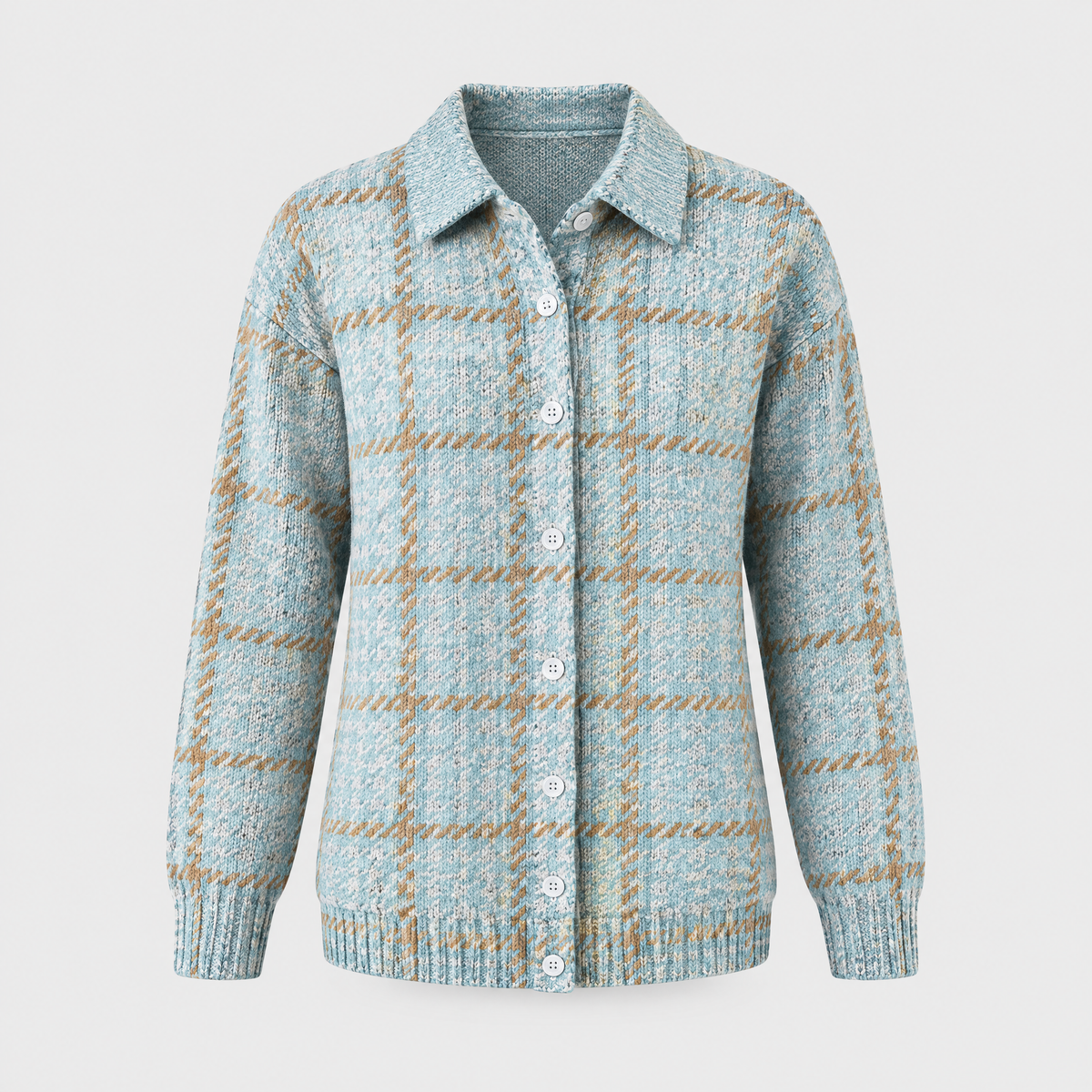 Women's Plaid Collared Cardigan, Button-Down Front | Timeless Check Pattern, Ribbed Cuffs | Blue | S–5XL
