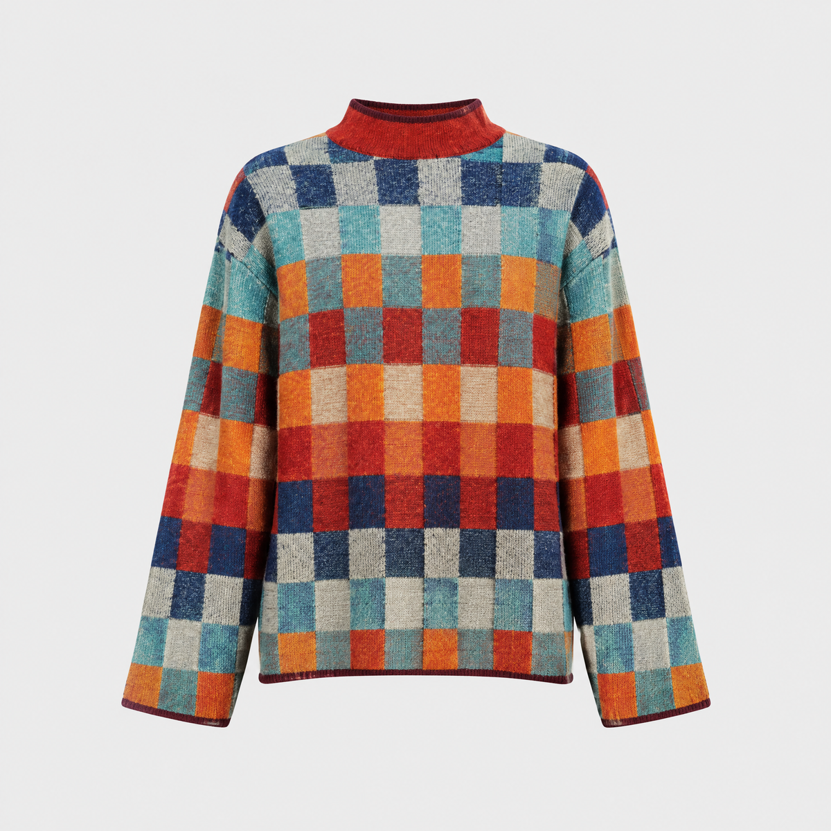 Vexna | Women's Colorblock Mock Turtleneck Sweater — Retro Check Pattern Knit Pullover | Westmere