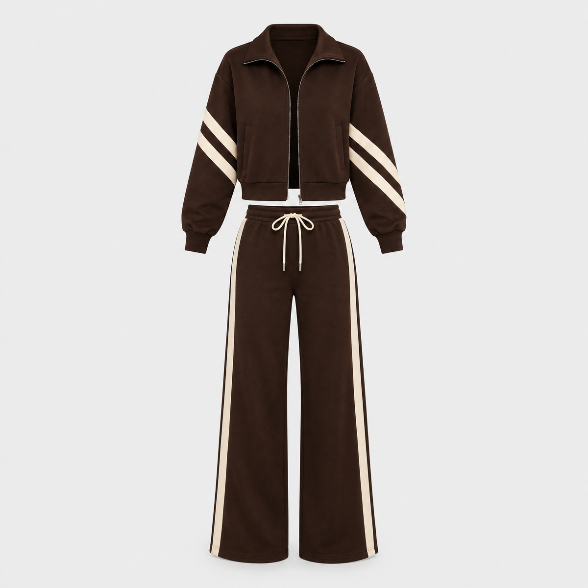 Sara Womens Tracksuit Set with Wide Leg Pants and Zip Jacket in Brown