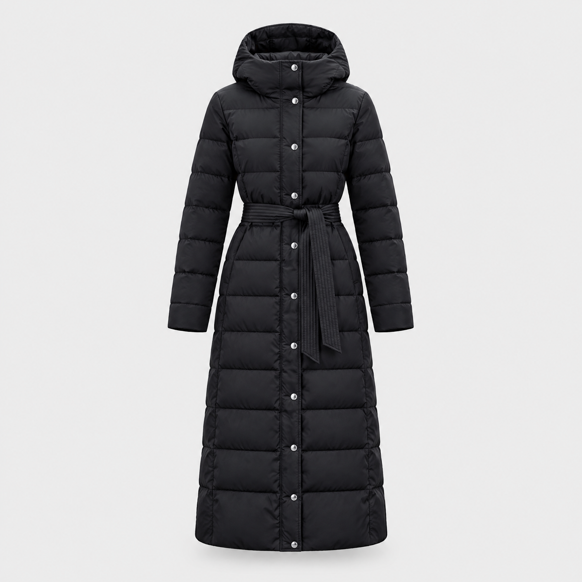 Molly Womens Long Puffer Coat with Faux Fur Hood in Black