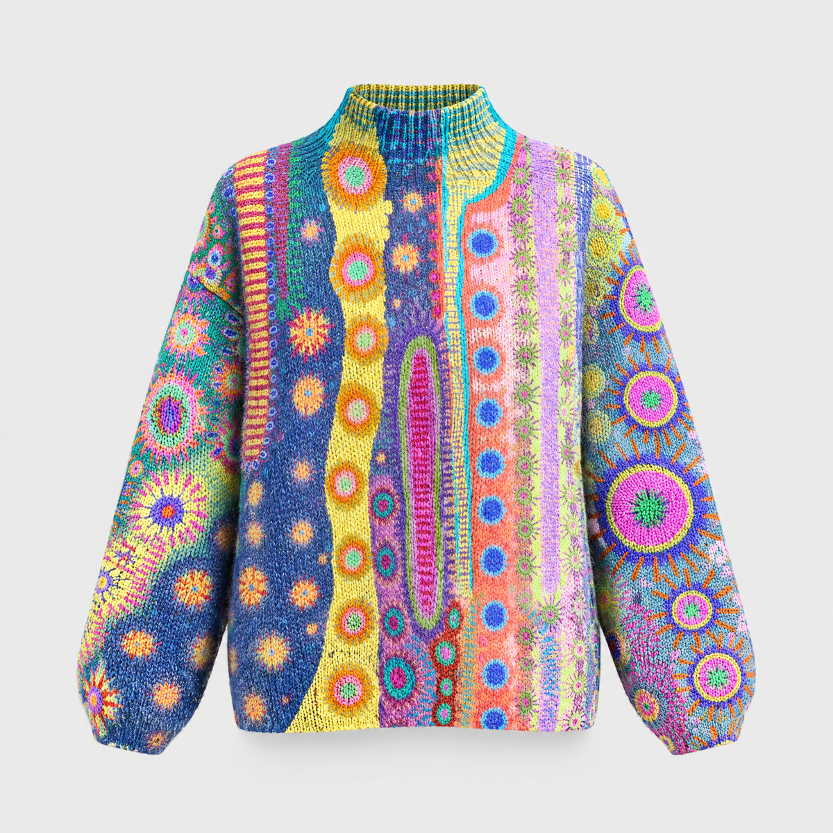Women's Abstract-Print Knit Sweater, Mock Turtleneck | Bold Circle & Stripe Pattern, Relaxed Fit | S–5XL