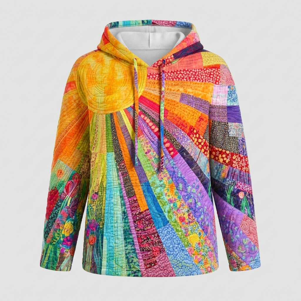 Calendra | Women's Quilted Patchwork Hoodie Sweater — Sunburst Multicolor Print Drawstring Pullover | Westmere