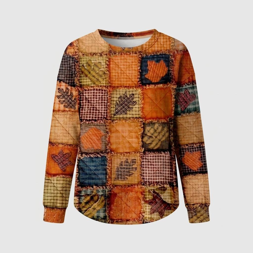 Delvara | Women's Autumn Patchwork Print Sweater — Harvest Quilt Long-Sleeve Crew Neck Pullover | Westmere