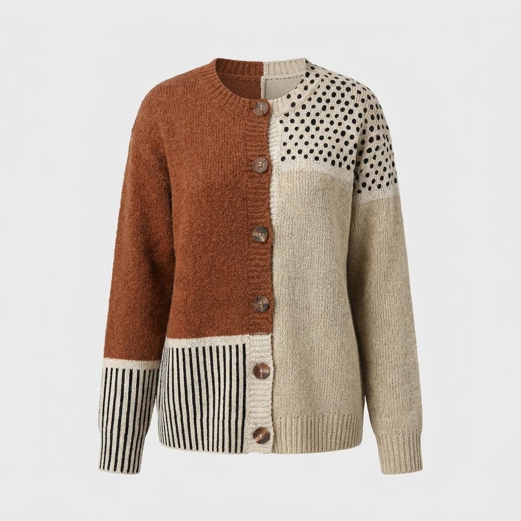 Doralie | Women's Patchwork Cardigan Sweater — Mixed-Panel Button-Front Layer in Caramel & Cream | Westmere