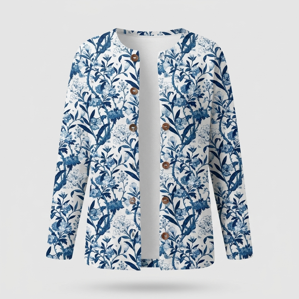 Lorwen | Women's Floral Button-Front Cardigan — Blue and White Bird & Bloom Print Layer | Westmere