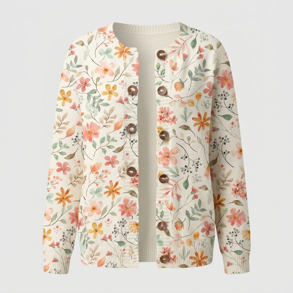 Thessaly | Women's Floral Print Open Front Cardigan — Watercolor Bloom Knit with Wooden Buttons | Westmere