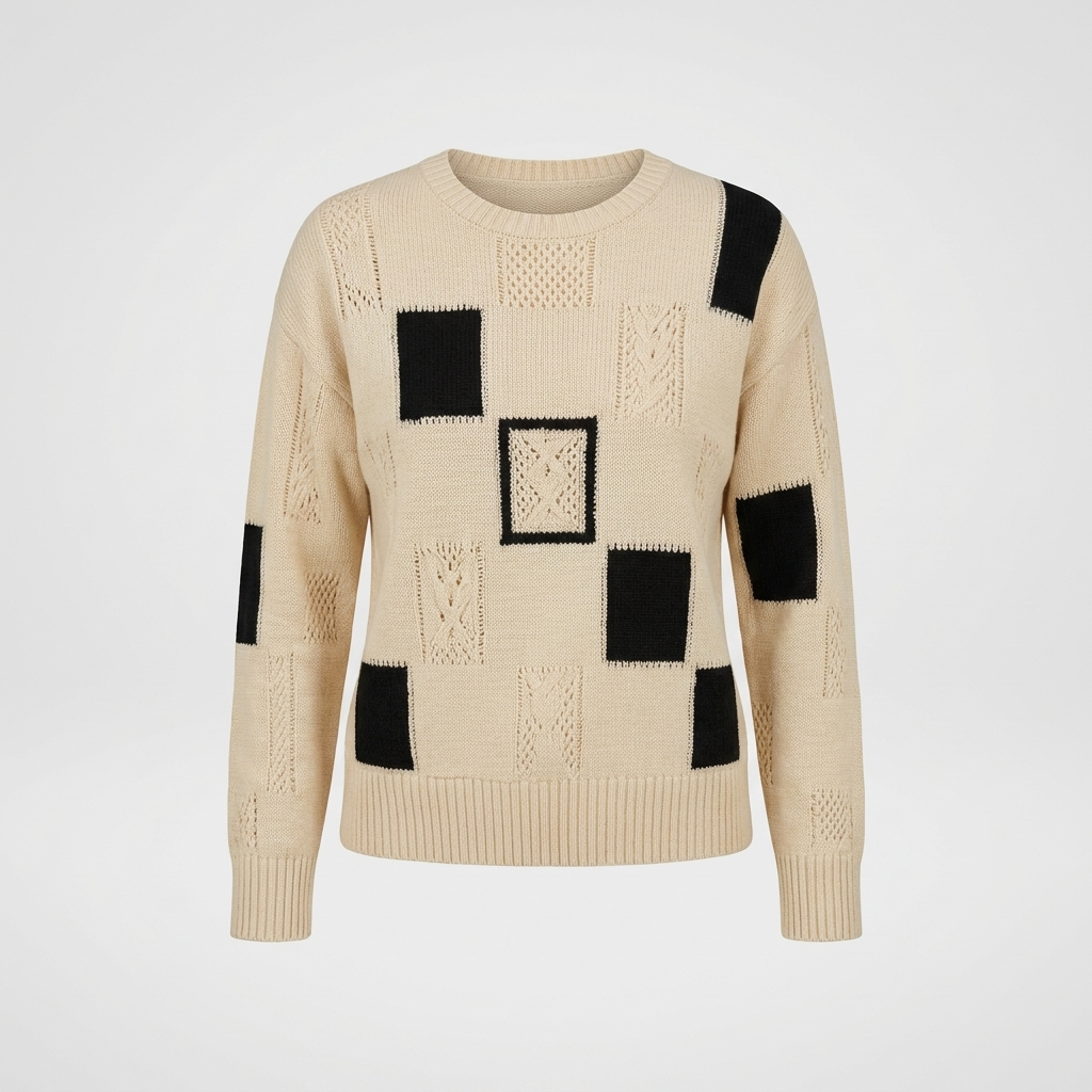 Thessaly | Women's Patchwork Knit Pullover Sweater — Bold Graphic Crew Neck in 3 Colors | Westmere
