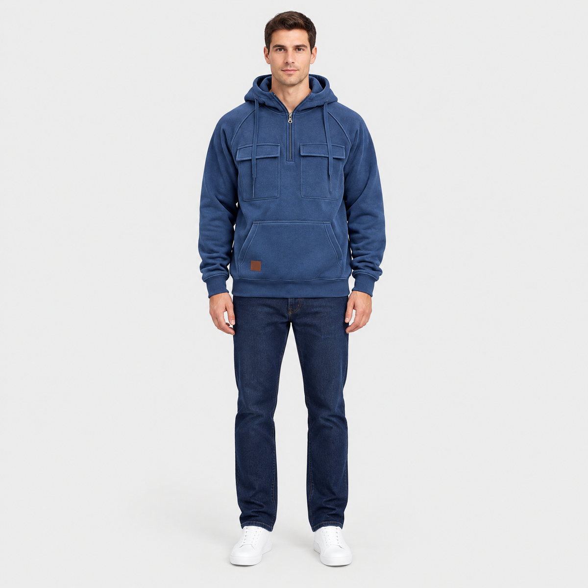 Scott Mens Half-Zip Hoodie with Chest Cargo Pockets in Blue, front view on model