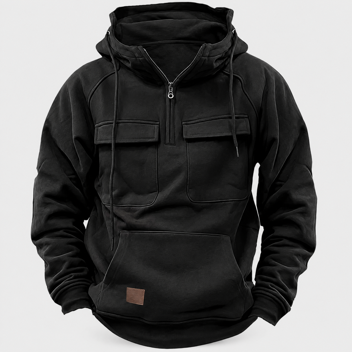 Scott Mens Half-Zip Hoodie with Chest Cargo Pockets in Black