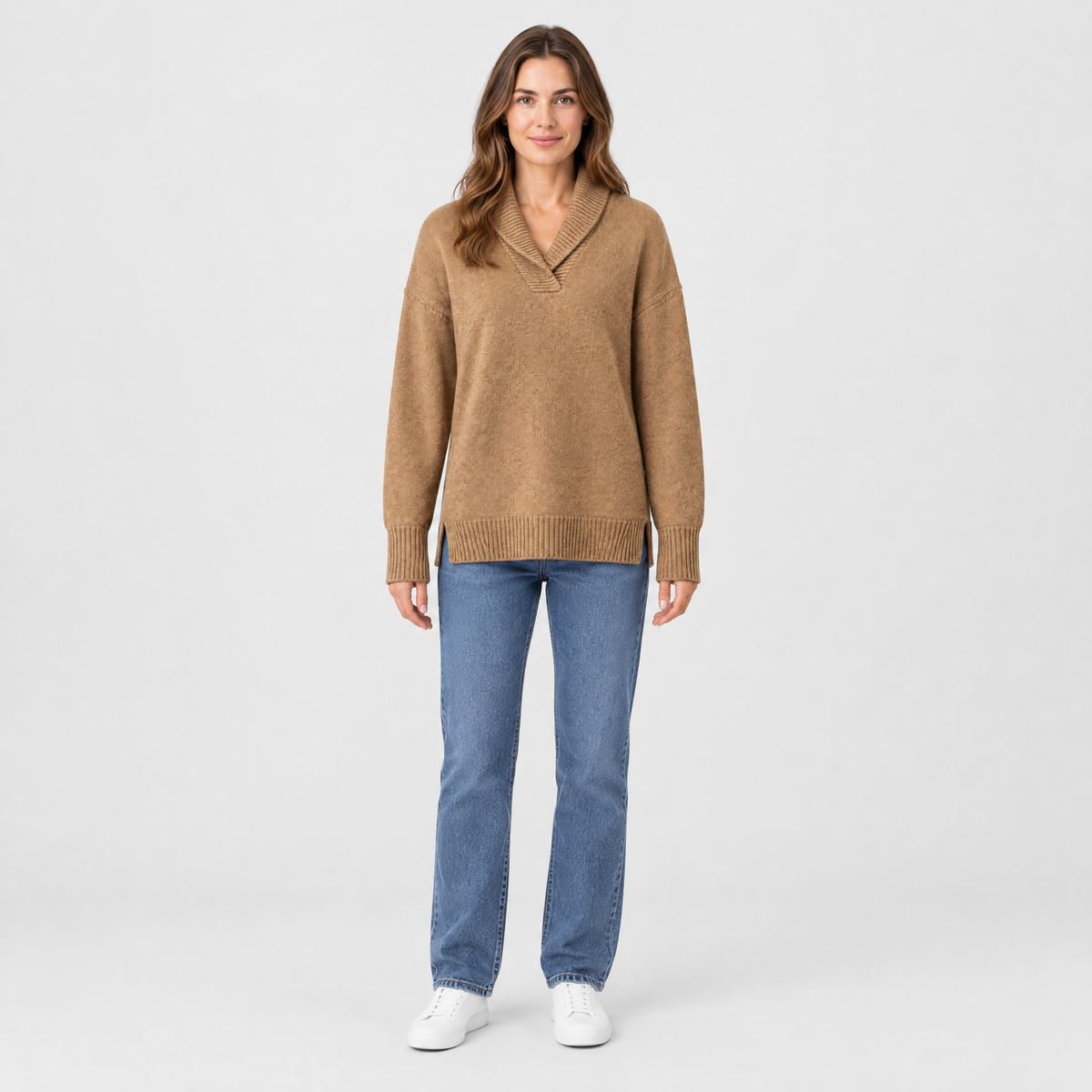 Bethany Womens Oversized Cashmere Blend Collared Sweater in Camel, front view on model