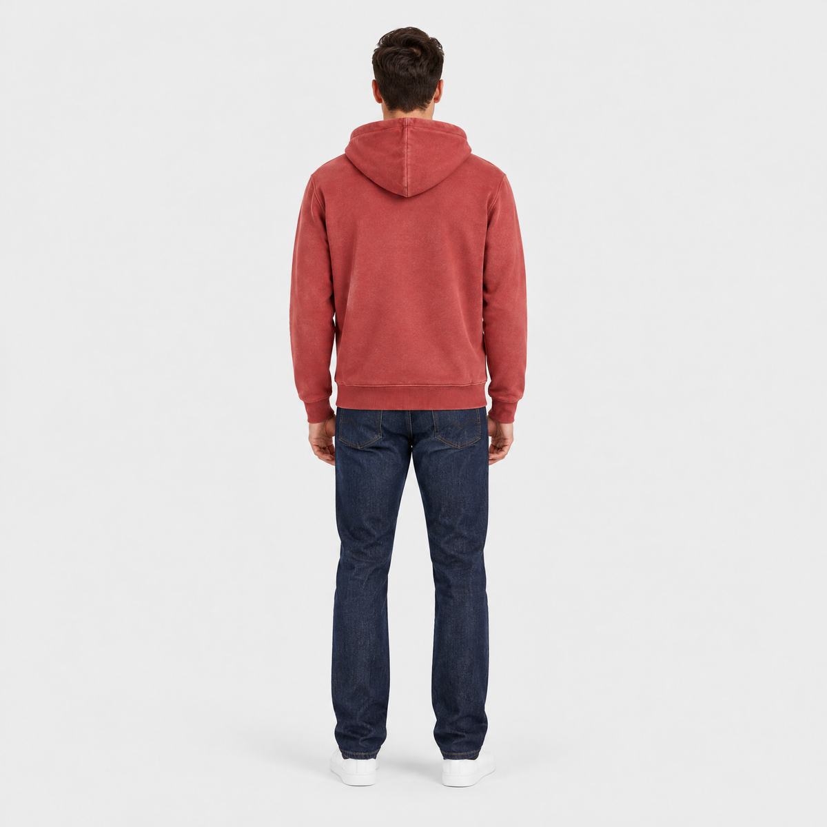 Corey Mens Heavyweight Full-Zip Hoodie in Brick Red, back view on model
