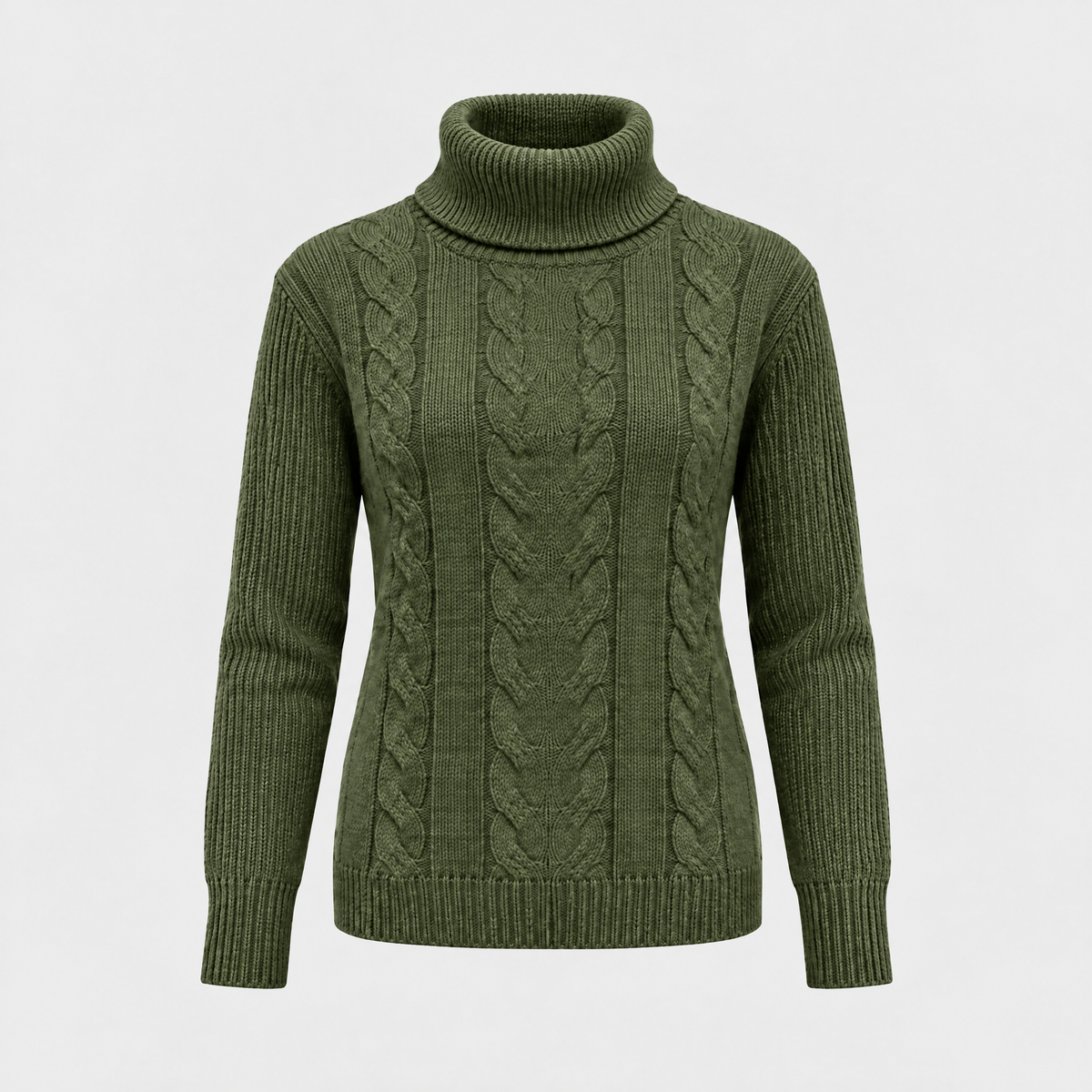 Catherine Womens Cable Knit Turtleneck Sweater in Olive Green