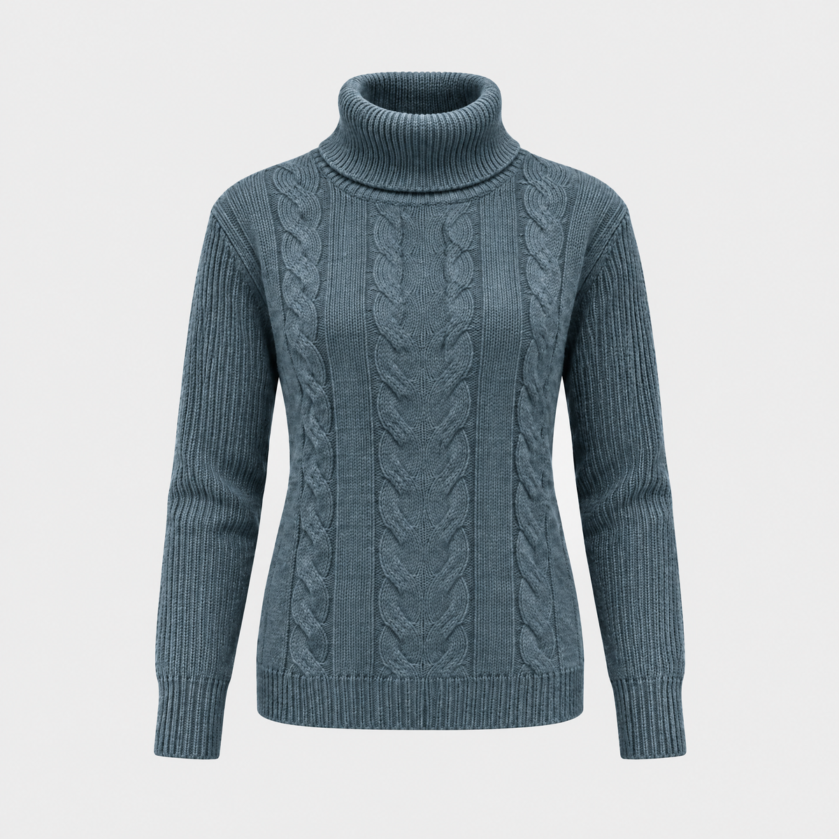 Catherine Womens Cable Knit Turtleneck Sweater in Dark Blue